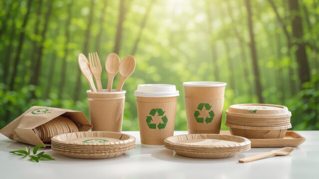 Eco-friendly tableware: wooden cutlery in cups, paper cups/plates with recycle symbols, arranged on a white surface against a blurred green forest backdrop, bright, natural light.
