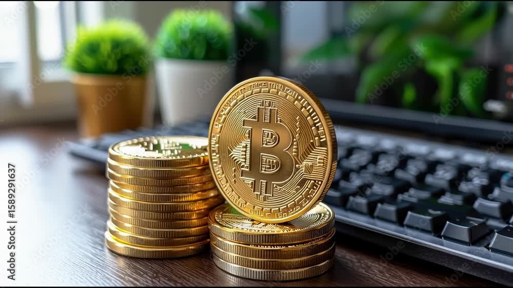 Poster computer keyboard and stack of bitcoin coins highlighting the intersection of technology and digital