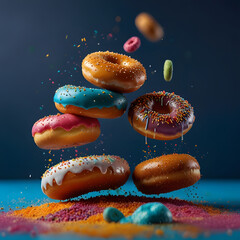 Colorful Donuts Flying in Air with Sprinkles on Blue Studio Background