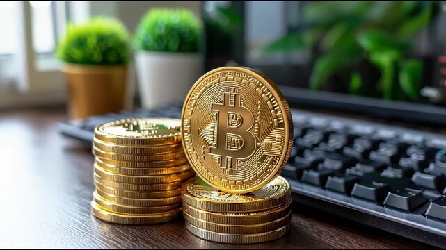 Computer keyboard and stack of bitcoin coins highlighting the intersection of technology and digital currency investment. Bitcoin Investment at Digital Workspace &ndash; Animated Video Version