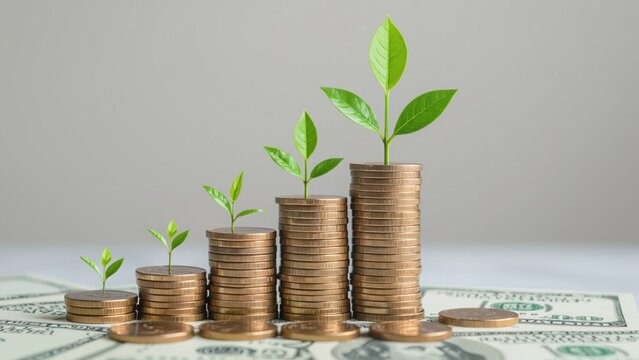 Stacks of gold coins, each topped with a small green sprout, ascend across dollar bills, bathed in soft, neutral light, conveying growth and prosperity.
