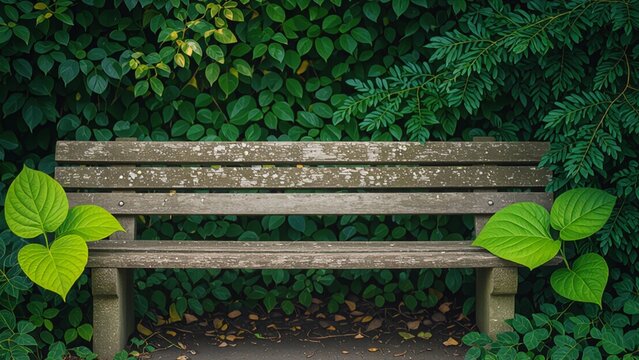 Weathered wooden bench centered, flanked by vibrant green heart-shaped leaves, against a backdrop of lush, varied foliage; soft, natural light creates a serene, verdant ambiance.
