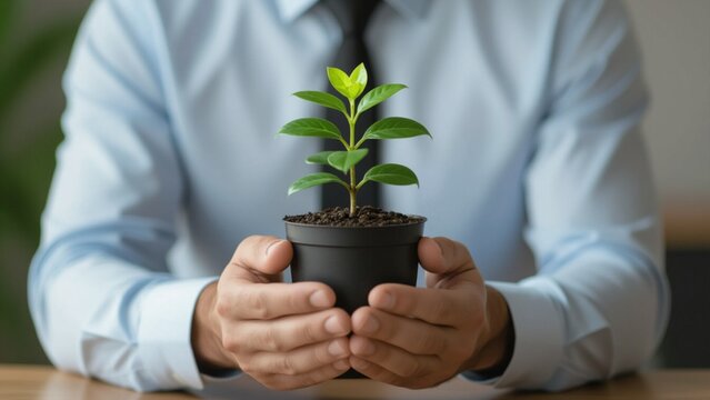 A businessman in a light blue shirt gently holds a small potted plant with green leaves, centered on a wooden desk, soft lighting, optimistic mood.

