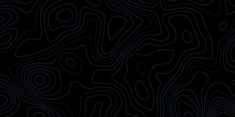 A high-contrast, dark topographic map or contour line pattern, with thin, slightly off-white lines and dashed sections forming a complex, undulating design against a solid black background.