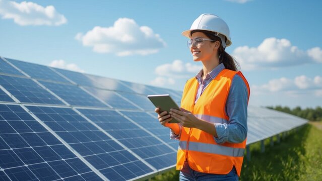 A smiling woman in a hardhat and orange vest holds a tablet before rows of solar panels under a bright blue sky, bathed in sunlight.
