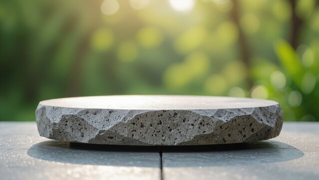Sunlit, rough-edged, circular stone platform on a tiled surface, blurred green foliage background, creating a serene, natural product display scene.
