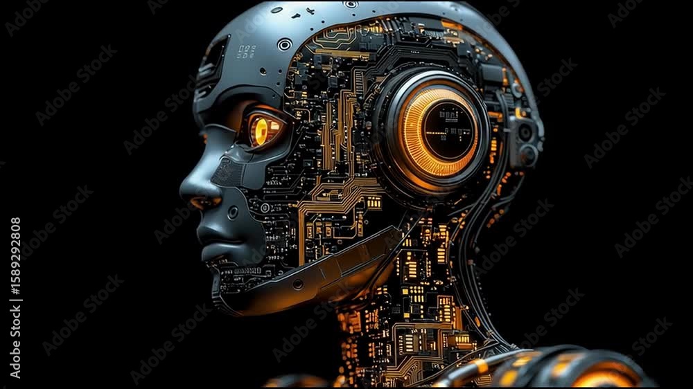 Poster futuristic robot head featuring intricate circuitry and advanced technology illuminated with bright 