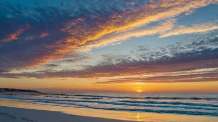 Fototapeta premium Stunning Sunset on a Serene Beach with Colorful Skies and Gentle Waves