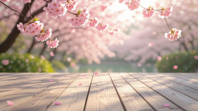Cherry blossoms frame a sunlit wooden deck, soft pink petals scattered, creating a serene, dreamy ambiance with shallow depth of field.
