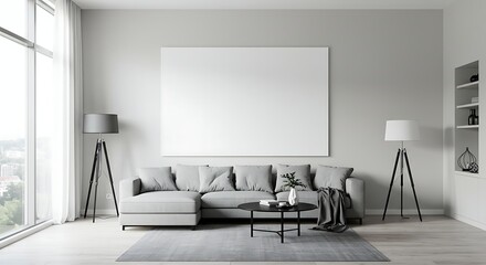 Bright living room interior featuring a gray sectional sofa, two tripod lamps, a coffee table, and a large blank canvas above the sofa.