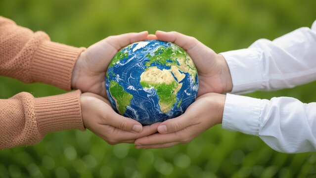Two pairs of hands, one in tan, one in white, cradle a vibrant Earth globe against a blurred green grassy background, bathed in soft, natural light.