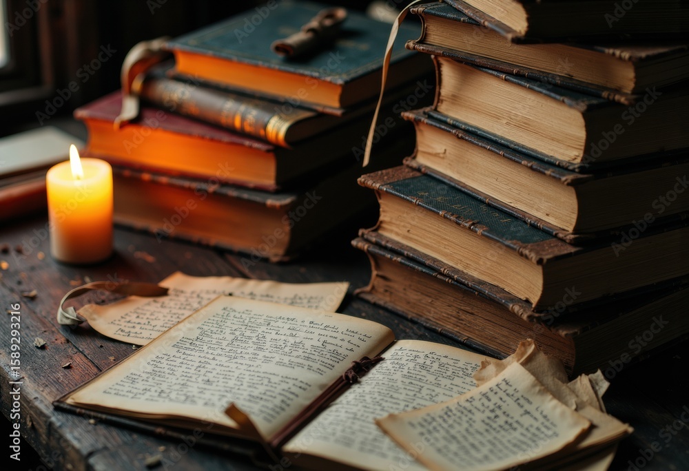 Poster old books and handwritten notes arranged on a wooden table with a lit candle creating a cozy atmosph