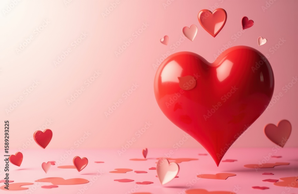 Poster a large red heart surrounded by smaller floating hearts on a soft pink background