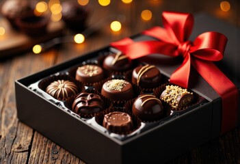 Assorted chocolates in a gift box with a red ribbon on a rustic wooden surface