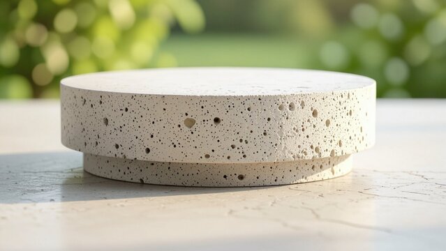 A porous, round concrete platform sits centered on a bright, sunlit surface, with blurred green foliage in the background, creating a serene ambiance.
