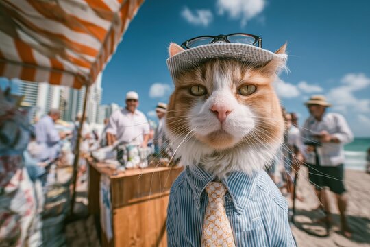 Cat lives a busy life working eight hours a day in an office while also enjoying weekends at the beach in stylish attire and sunglasses