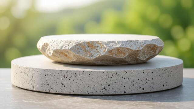 A rough-edged stone disc sits atop a smooth, round concrete platform against a blurred green foliage backdrop, bathed in soft, warm sunlight, creating a serene, minimalist scene.