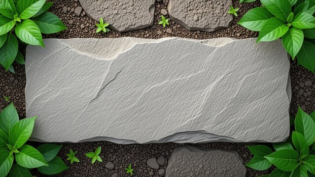 Rectangular gray stone slab centered, surrounded by vibrant green plants, smaller stones, and dark soil; top-down view, bright, natural light, serene, organic texture.