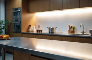 Fototapeta premium A modern kitchen with a sleek countertop and warm wooden cabinetry creating a cozy atmosphere