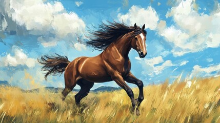 Obraz premium A brown horse with flowing mane and tail runs freely across a golden field under a bright blue sky.