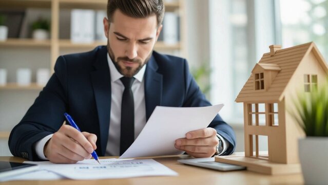 A focused man in a suit reviews documents at a desk with a miniature house, bathed in warm light, creating a professional, serious ambiance.