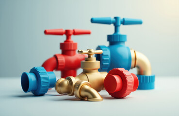 Colorful plastic water valves arranged on a plain surface with a soft background