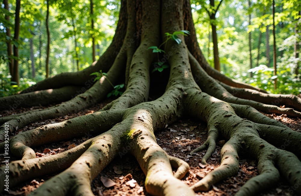 Poster tree roots spreading across forest floor creating a natural pattern and texture