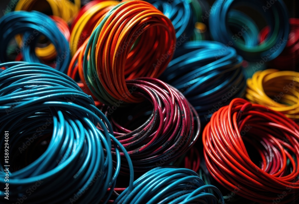 Poster colorful rubber bands coiled in various shapes and sizes, creating a vibrant and dynamic pattern sui