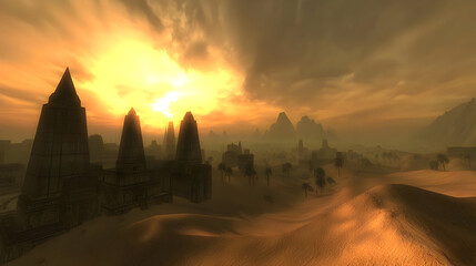 Golden sunset over a desert city.  Ancient,  ruined structures stand against a hazy,  sand-filled landscape.  Dramatic clouds frame a vibrant sunset