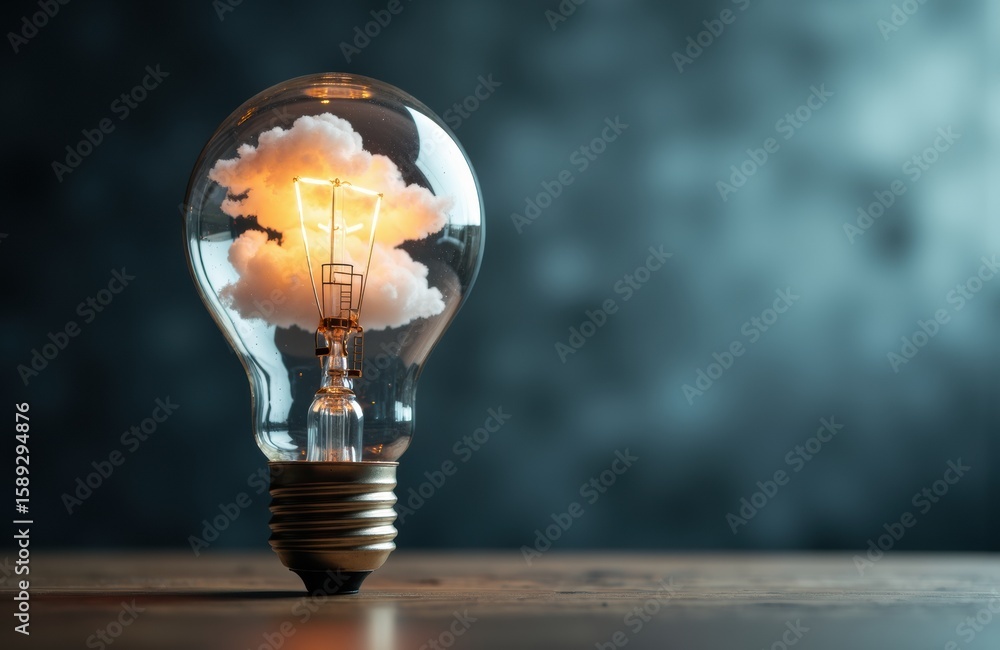 Poster a light bulb with a cloud and lightning inside creating a creative visual concept