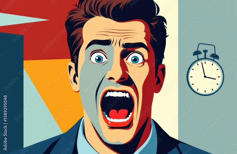 Poster a man with a shocked or scared expression showing wide eyes and open mouth
