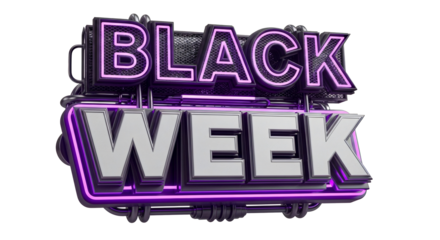 Illuminated black week sign with purple neon glow on black background