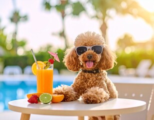バカンスなトロピカルジュースとサングラスをかけた陽気なトイプードル