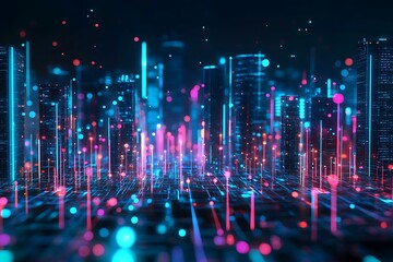Futuristic city skyline with digital network connections and glowing data streams, modern technology
