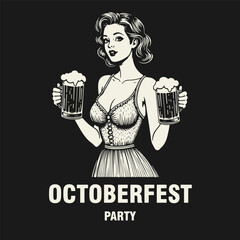 Black and white flat vector illustration of a smiling girl in a dirndl with deep neckline holding two beer mugs. Oktoberfest or International Beer Day themed design.