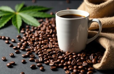 Fototapeta premium A white ceramic cup filled with black coffee surrounded by roasted coffee beans and a green coffee plant leaf
