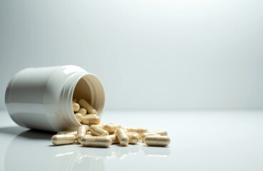 Capsule bottle spilling pills onto reflective surface with plain background