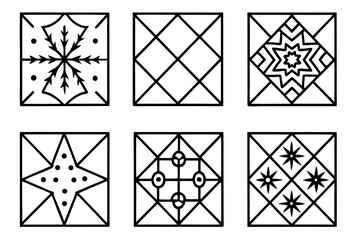 Festive Quilt Pattern Line Art Vector Set