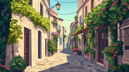Sunlit cobblestone alleyway in a charming European town, lined with stone buildings, lush greenery, and flowering plants.