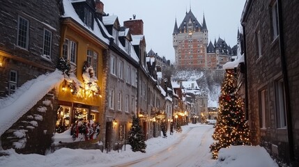 Snowy Quebec City street at dusk with Christmas tree and Chateau Frontenac.