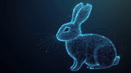 Abstract polygonal rabbit, glowing lines and dots.