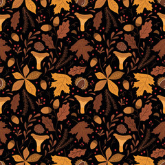Fall Seamless Pattern. Autumn Background. Autumn Leaves, Chanterelle Mushrooms, Berries, Acorns, Chestnut. Maple, Oak, Chestnut Leaves. Vector Illustration in Yellow, Brown, Orange on Black