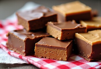 Delicious chocolate and peanut butter fudge squares on a checkered cloth