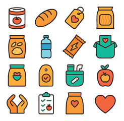 Charity food icon collection. donation silhouette icons. bread, heart, can, hand, apple, bag