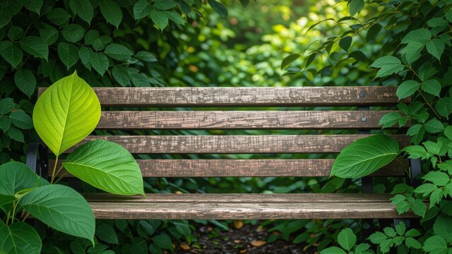 Wooden bench nestled amidst lush green foliage, bathed in soft, dappled sunlight, creating a serene, tranquil, and inviting natural scene.