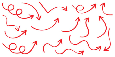 Set of black hand drawn arrows isolated on white. Vector illustration. Hand drawn doodle sketch style. Decoration for web design