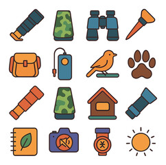 Wildlife photography icon collection. simple camera, bird, binoculars, backpack, sun