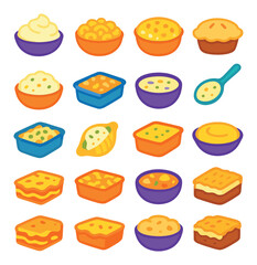 Creamy comfort food icon collection. simple mashed potato, macaroni, pie, soup, lasagna