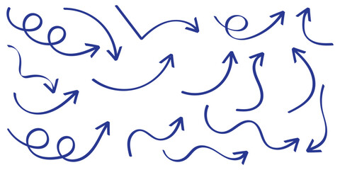 Set of black hand drawn arrows isolated on white. Vector illustration. Hand drawn doodle sketch style. Decoration for web design