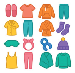 Cozy clothing icon collection. simple wear, outfit, garment, pajamas, casual, winter, sleepwear